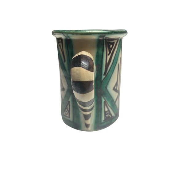 Handcrafted Ceramic Mug With Green & Black Geometric Patterns Striped Handle Uni - Picture 4 of 6